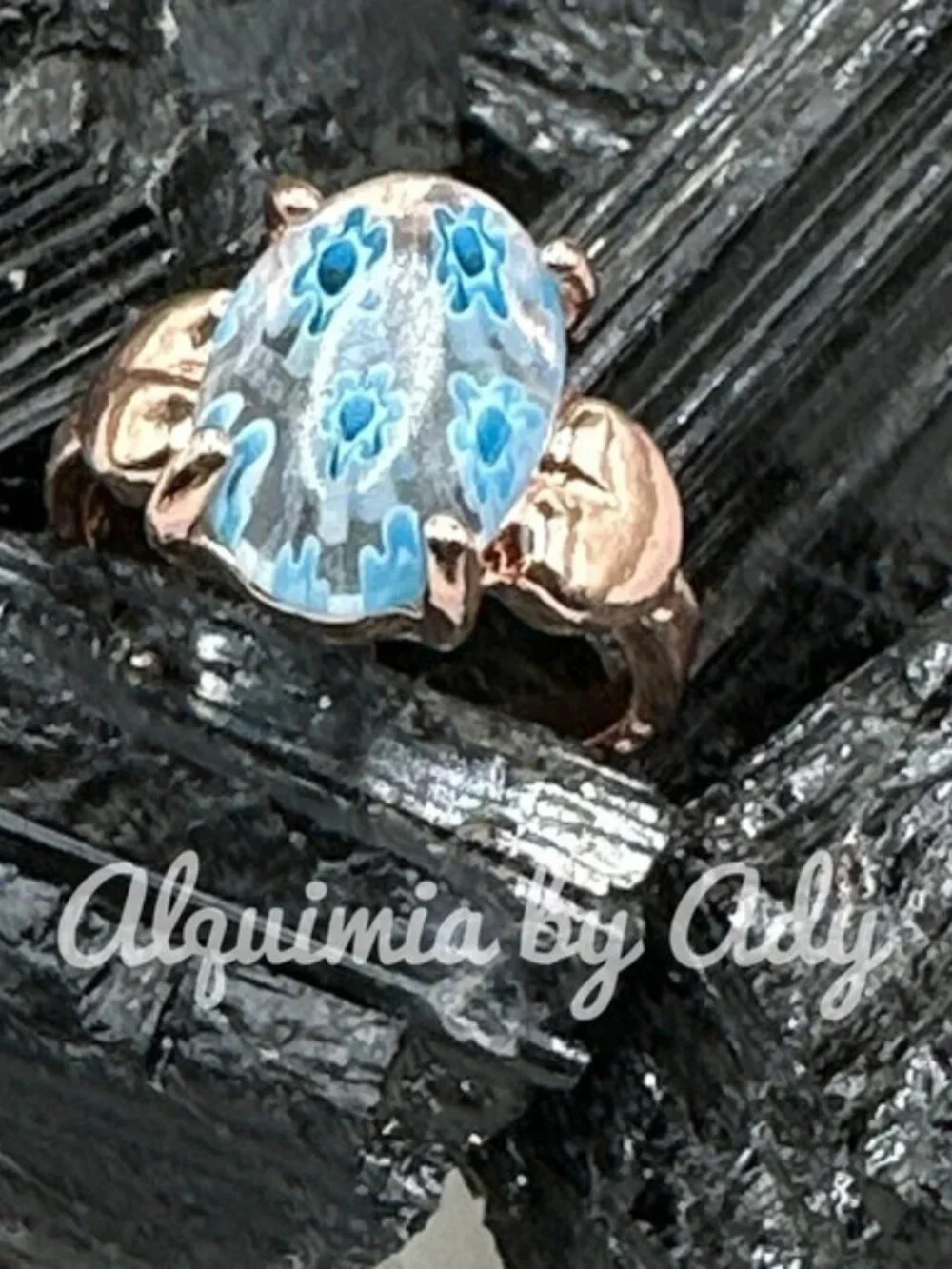 Alquimia Rose Gold Ring with Blue Enamel Turtle
